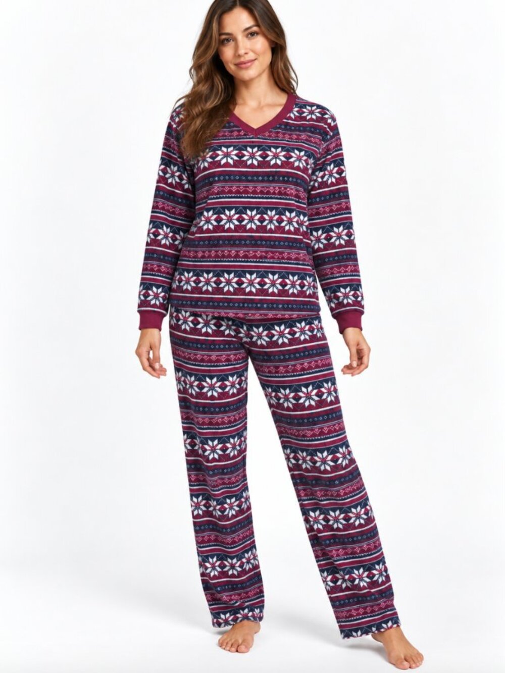 Nautica Maroon and Navy Fair Isle V‑Neck Pajama Set
